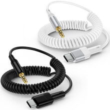 2-Pack 6FT USB-C to 3.5mm Coiled Aux Cable, Retractable, Compatible with iPhone 16/15 & Samsung Galaxy S25