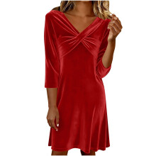 Women's Velvet Dress Long Sleeve V-Neck A-Line Twist Front