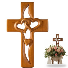 Handmade Wooden Cross with Intertwined Hearts Natural Wall