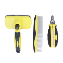 Pet slicker brush and comb with self-cleaning nail clipper