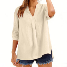 Womens Linen Blend Blouse 3/4 Sleeve V-Neck Casual Top - Relaxed Fit, Breathable Cotton Linen for Everyday Comfort in Beige,Size S