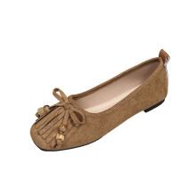 Women's Brown Slip-On Loafers with Bow and Tassel Square