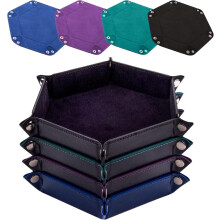4-Piece Foldable Hexagon Dice Tray Set in PU Leather (Red/Black/Blue/Violet) – Compatible with RPG, D&D & Table Games