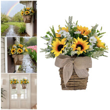 Farmhouse Sunflower Hanging Basket Wreath – 13.8", Year-Round Indoor/Outdoor Door & Wall Decor for Spring, Summer & All Seasons