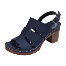 Women's Navy Heeled Sandals Block Heel Round Toe One-Strap