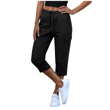 Women's Cargo Capri Pants Black Elastic Waist S