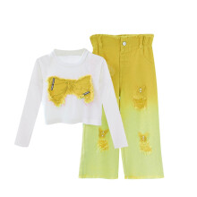 Girls Yellow 2-Piece Set Long Sleeve Crop Top and Wide Leg