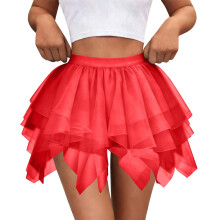 Women's Red Tulle Skirt Elastic Waist Layered High-Low