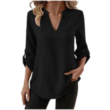 Women's linen-cotton tunic top, V-neck, 3/4 sleeve, black,