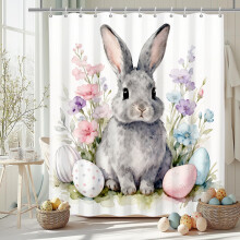 Easter Bunny Shower Curtain Spring Floral with Easter Eggs Fabric Bathroom Curtain 60x72 in