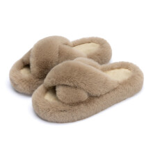 Pantuflas de mujer con espuma viscoelástica, forro de felpa suave y piel sintética, suela antideslizante, color beige, tallas 6.5–8.