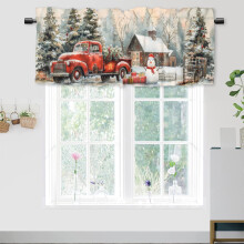 Farmhouse Christmas Window Valance – Truck, Tree & Snowman Design, Rod Pocket, 54x18 in, 1 Panel, Compatible with Standard Rods