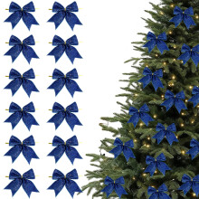 Christmas Mini Glitter Bows 3.55", Blue, 12pcs – DIY Craft, Tree/Wreath/Gift Decor