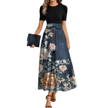 Floral Print Beach Dress for Women Beige Blue Satin