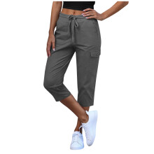 Calça cargo feminina, calça capri cropped cinza-escura com cós elástico, calça casual leve com cordão e bolsos, tamanho G