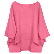 Blouse en lin pour femme, coupe ample et décontractée, manches chauve-souris, haut à manches 3/4 rose fuchsia, taille 2XL