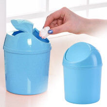 PRYESS Small Blue Desktop Trash Can 19X14cm Plastic Storage Organizer Pen Holder, Rotating Lid Cute Cylindrical Office Desk