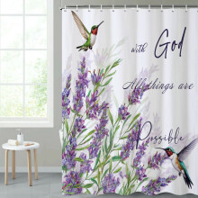 Cortina de ducha de color morado lavanda con colibrí y flores para decoración de baño, 47"x64"