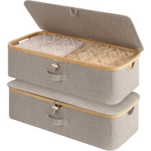 2-Pack Underbed Storage Box with Bamboo Frame, 42L Flip-Top Under Bed Container for Blankets, Bed Sheets, Coverlets and Towels, Taupe