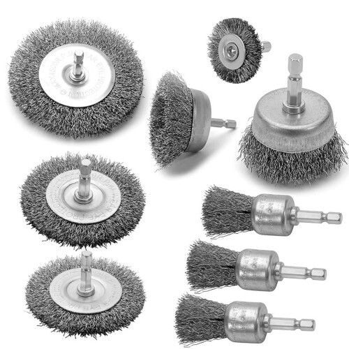 Coarse Crimped Wire Cup Brush Set 9PC Carbon Steel Hex Shank