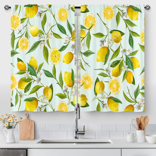Lemon Fruit Floral Kitchen Curtains Rod Pocket 2 Panels