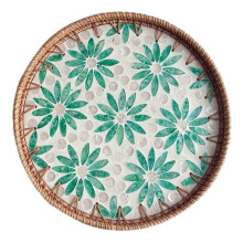 Round Rattan Tray with Mother of Pearl Inlay Wicker Serving Tray with Wooden Base for Bread Fruits