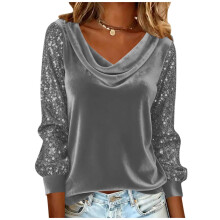 Graues Samttop für Damen mit Paillettenärmeln, Wasserfallausschnitt, ideal für festliche Anlässe, Partys und Dates, Größen S-XXL, Größe L