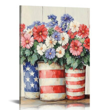Patriotic Canvas Wall Art Red White Blue Flowers 16x20in