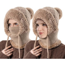 3 in 1 Beanie Hat with Scarf and Mask, Women's Outdoors Windproof Scarf Hat, Knitted Ski Mask Set