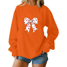 Alla hjärtans dag-tröja för kvinnor, överdimensionerad orange rosett och hjärtan, grafisk rund hals, mjuk, avslappnad pullover, romantisk