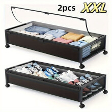 2-Pack 36" Under-Bed Storage Box with Wheels & Lid, Metal Rolling Organizer for Clothes, Shoes, Toys, Blankets, Bedroom Storage Container