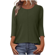 Womens 3/4 Sleeve Crew Neck Casual Top, Soft Stretch Relaxed Fit Blouse for Everyday Wear, Army Green,Size XL