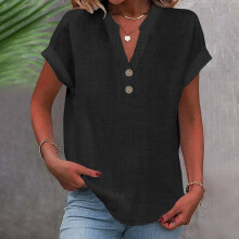 Women's Polyester V-Neck Short Sleeve Blouse Black S