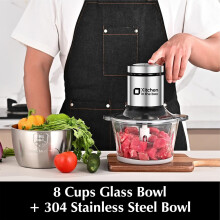 Procesador de alimentos y picadora de carne de 400 W con 2 recipientes de 8 tazas, cuchillas dobles para carne, pescado, verduras y comida para