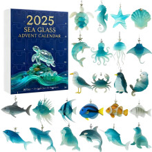 Calendrier de l'Avent 2025 « Vie marine en verre de mer », compte à rebours de 24 jours avant Noël avec décorations artisanales, convient aux