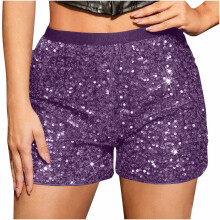 Pantaloncini da donna con paillettes, glitter, aderenti ed elasticizzati, perfetti per festival, serate fuori, colore viola, taglia M.