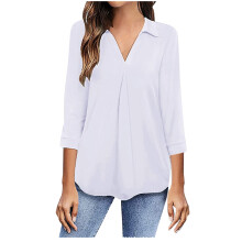 Women's Collared V-Neck Blouse Solid Color Loose Fit 3/4
