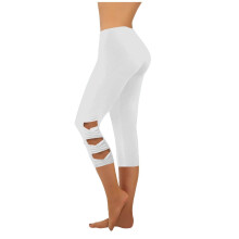 Dámske capri nohavice na jogu s vysokým pásom, biele s výrezmi na kolenách, športové nohavice na cvičenie, slim strih, elastický nylon,