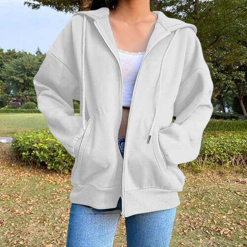 Giacca da donna leggera con cappuccio e zip intera, bianca, taglia L 1