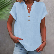 Women's Polyester V-Neck Button-Up Blouse Light Blue 4XL