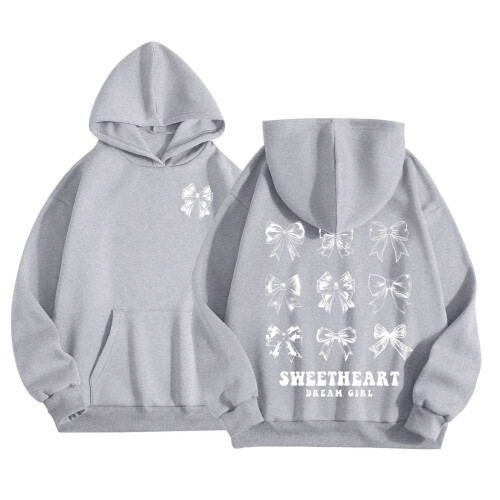 SonxaHe Kapuzenpullover für Kleinkinder, Mädchen, mit Schleifenmuster, langärmelig, Oversized, lässig, Winterpullover, Grau, Größe 4-5