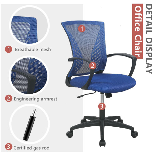 Blue mesh office chair with wheels adjustable height arms 1