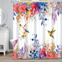 Spring Floral with Birds Shower Curtain Colorful Flowers and Hummingbird Fabric Bathroom Curtain 72x72 in