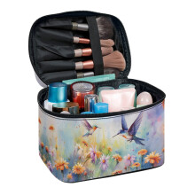 Hummingbird Flowers Portable Toiletry Cosmetic Travel Bag (8.86"x6.5"x5.9") Cosmetic Travel Toiletry Bag with Brush Slots Gift
