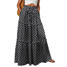 Women's Bohemian Floral Print Elastic Waist High Waist Tie Long Skirt Black S