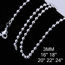 925 Sterling Silver Beads Chain Necklace 3mm 16-24in
