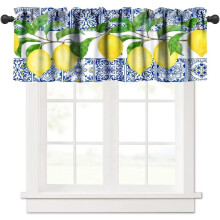 Yellow Lemon Valance Blue Tiles Vintage Rustic Cafe Window