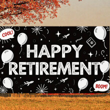 Black & White Retirement Banner with Airplane/Passport Design – Compatible with Party Backdrops