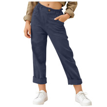Dames marineblauwe capri broek - korte broek met elastische taille en enkellengte | Lichtgewicht casual broek met elastische tailleband en