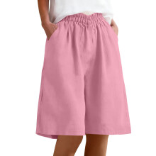 Bermuda da donna in lino rosa chiaro, con elastico in vita, tasche, lunghezza al ginocchio, vestibilità comoda – Taglia 2XL, adatti
